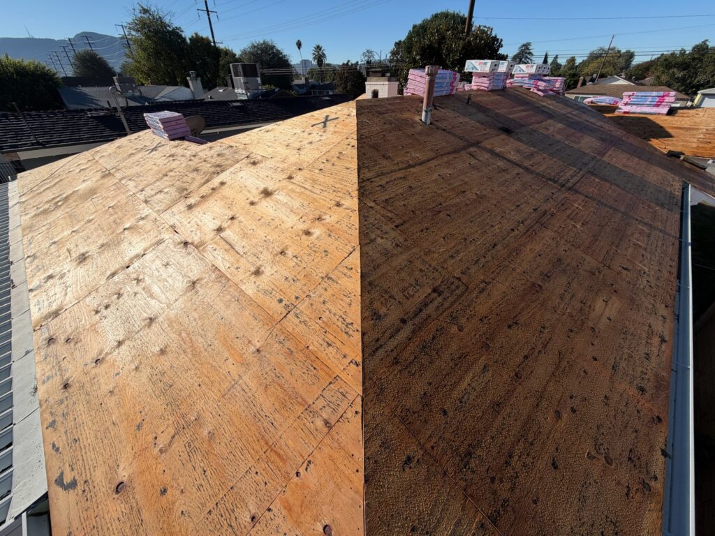 Roof tear-off and decking replacement on a Burbank home by Ikon Roofing